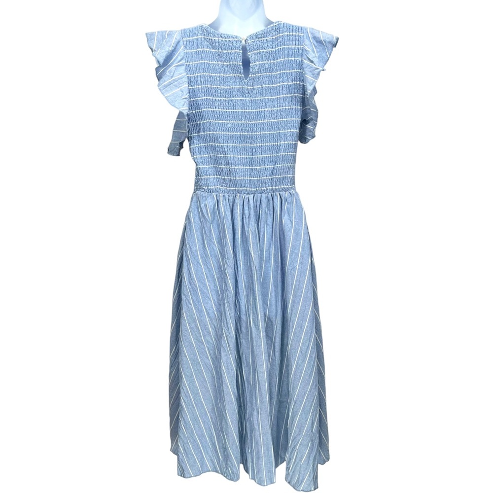 Simplee Linen Striped Smock Midi Dress‎ w/ Ruffled Cap Sleeve & 2 Pockets - Picture 6 of 9